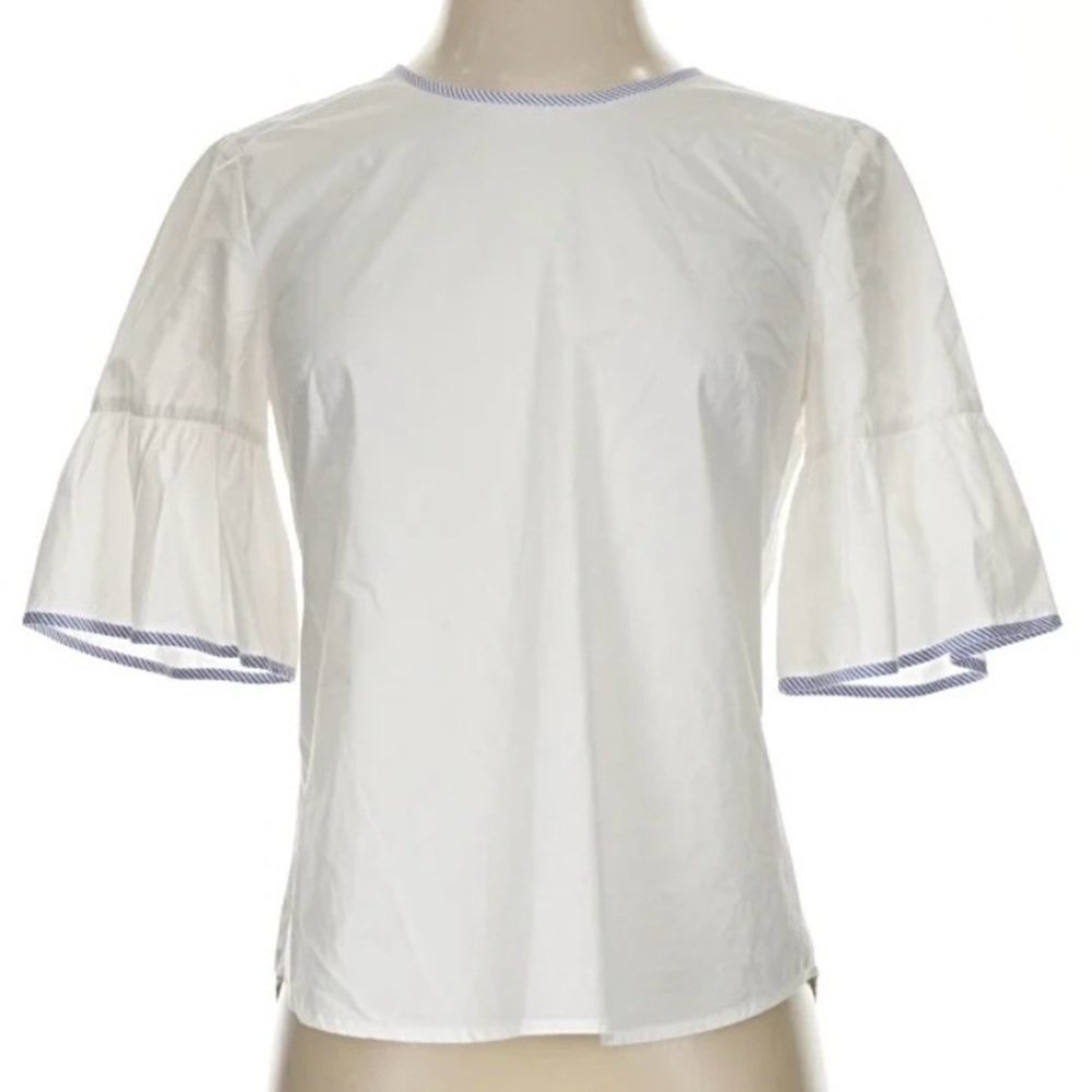 JCrew Tipped Button-Back Bell Sleeve White Cotton Top with blue trim